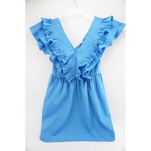 Entro Blue Ruffle V Neck Short Sleeve A Line Dress Women Size M